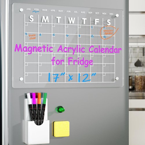 Magnetic Acrylic Calendar - 17"x12" Clear Dry Erase Board for Refrigerator | Includes 4 Markers & Eraser