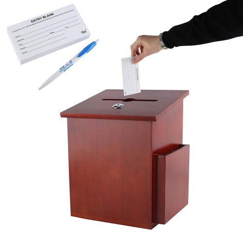 Wood Charity Donation collection Box Office suggestion Ballot Box With wide slot for envelopes and suggestion comment forms, side Pocket and Locking Hinged Lid & Pen for Table Or Counter-top(Mahogany)