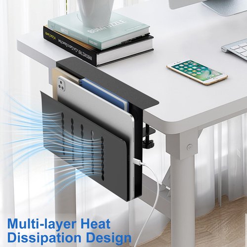 HAMOPY Desk Side Storage, Single-Layer Steel Hanging Desk Organizer with Magnetic Pen Holder, No Drilling Desk Drawer Cable Management Tray, Under Table Laptop Holder for Office, School&Home(Black)