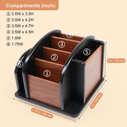 Coideal Remote Control Holder Caddy - Wooden Rotating Coffee Table Organizer Large Spinning Wood Remote Holder for Living Room Office (6 Compartments, Brown & Black)