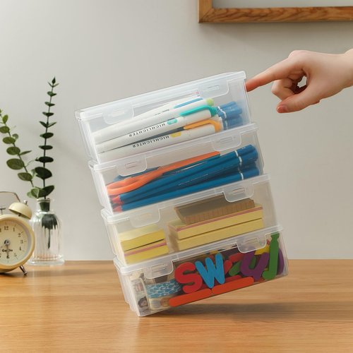 Swuj Clear Plastic Pencil Case Box 8 Pack, Stackable Craft Storage Organizer for Pens Markers Art Supplies, School Office Hobby Container with Snap Lid (Rectangular Large - 8 Pack)