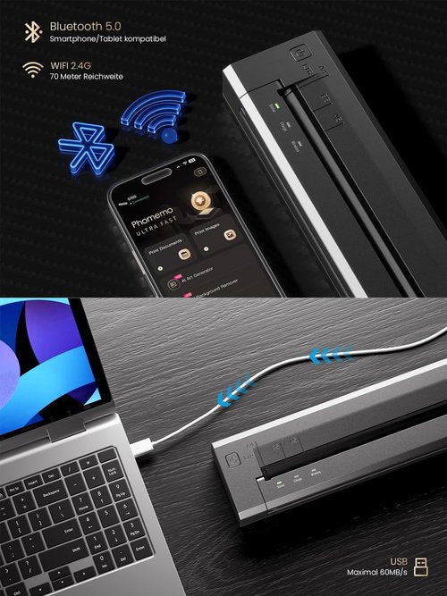 Phomemo G100 Ultra Fast Portable Printers Wireless for Travel, 100mm/s, 499g, 300DPI, 1300mAh, Thermal Inkless Bluetooth 5.2/USB 2.0, iOS/Android/PC, US Letter/A4/A5/B5/B5w, with Carry & 20 Sheets