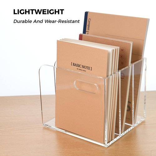 AIMOLLY 3 Vertical Compartments Clear Acrylic Desk Document Organizer & Storage Bins for Magazines, Binders, Notebooks, and Envelopes - Multipurpose Home Office Organizer - Innovative handle design