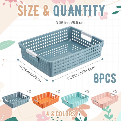 Leinuosen 8 Pack Classroom Paper Trays 14''x10'' Hold A4 Paper Toy Handicrafts Colorful Turn in Trays Classroom Storage Baskets Also for Library, Office, Kitchen, Bathroom, Bedroom (Bright Color)