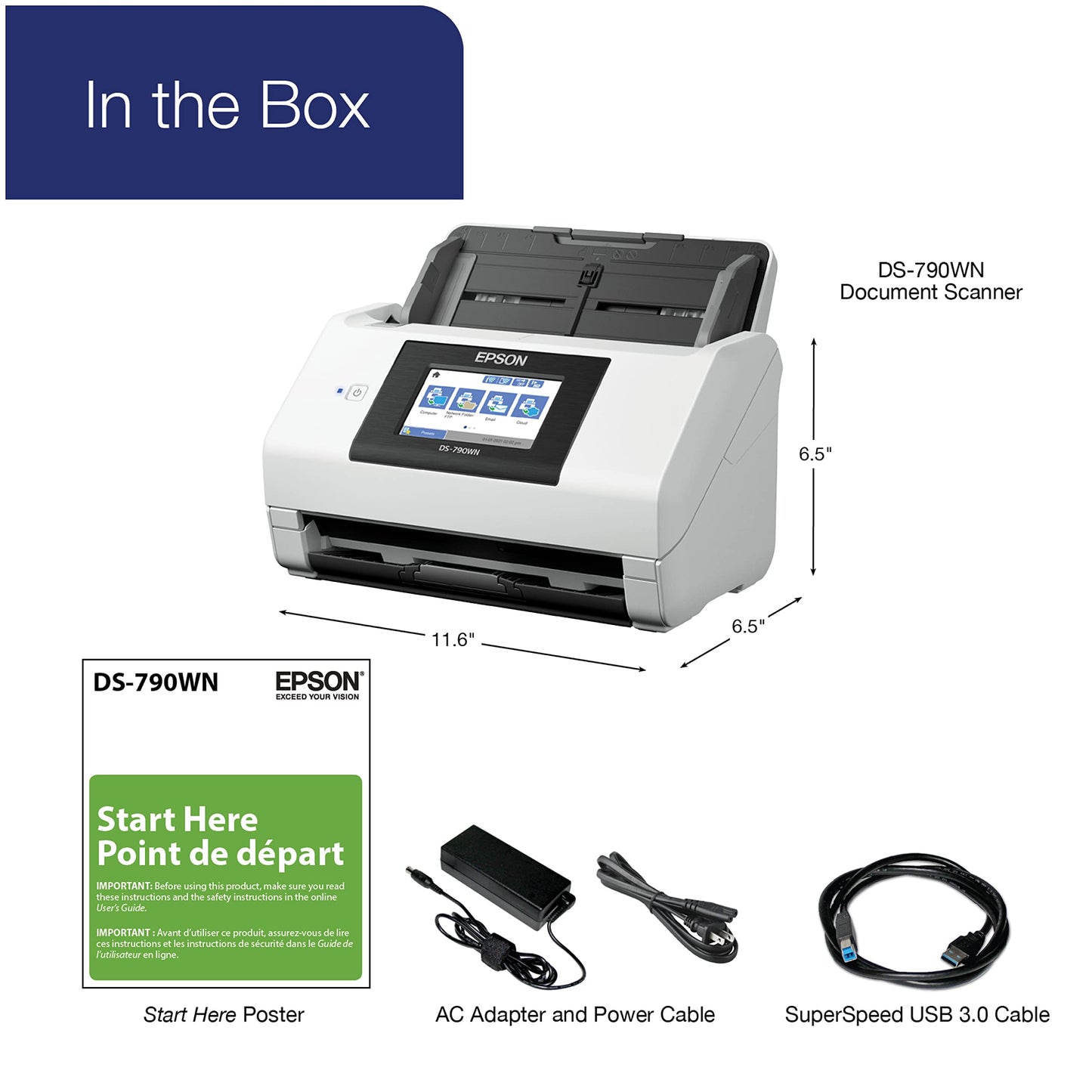 Epson DS-790WN Wireless Network Color Document Scanner for PC and Mac with Duplex Scanning,Computer-Free Function, 100-page Auto Doc Feeder (ADF) and 4.3" Colorful LCD Touchscreen