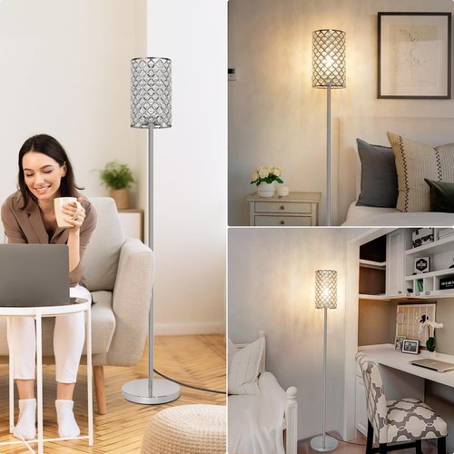 Crystal Floor Lamp, Modern Standing Lamp with Elegant Shade, LED Floor Lamp with On/Off Foot Switch Silver Finish Tall Pole Lamp Accent Lights for Living Room, Girl Bedroom, Dresser, Office (E26 Base)