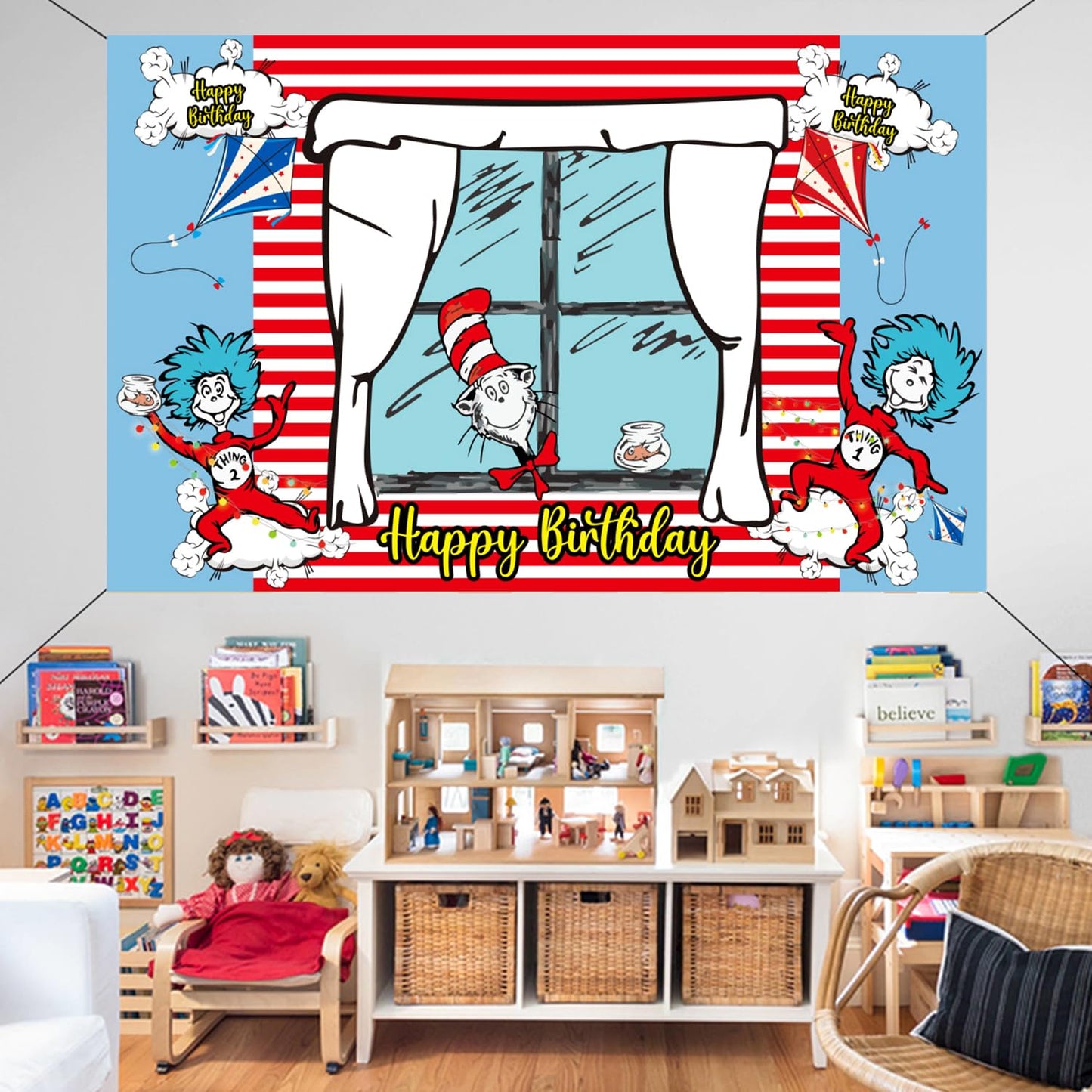 Happy Birthday Backdrop Banner 70.8X43.3 inches, Red and Blue Stripes Cartoon Window Kite Photography Background for Cat in The Hat Birthday Decoration