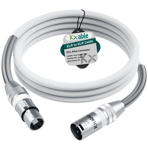 Kxable XLR to XLR Cable 6 Feet, Premium XLR Microphone Cable, Heavy Duty 22AWG OFC XLR Male to Female Cord, 3-Pin Shielded Mic Speaker Cable, Zinc Alloy Connectors, Metal Spring SR, White