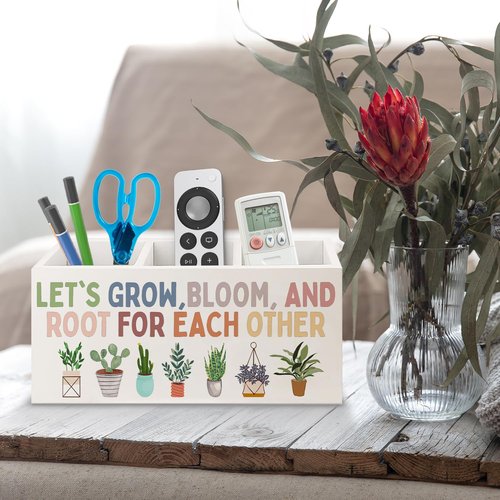 URLLUAE Boho Plant Classroom Wooden Pen Pencil Holder for Office Desk Accessories, Back to School Supplies for Students College Boys Girls Teachers First Day of School, Let's Root for Each Other