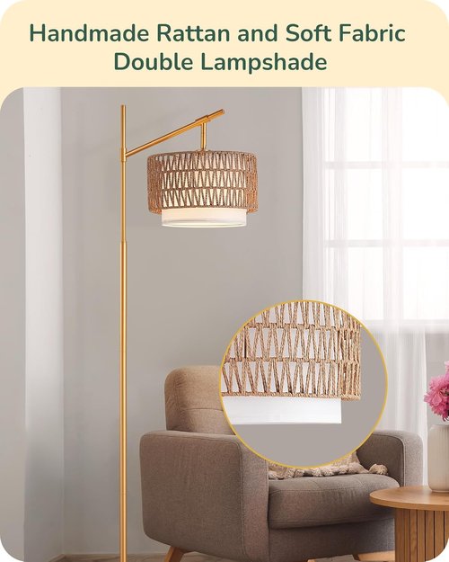 EDISHINE Rattan Arc Floor Lamp - Dimmable LED with Remote & Adjustable Wicker Shades | Gold Farmhouse Design
