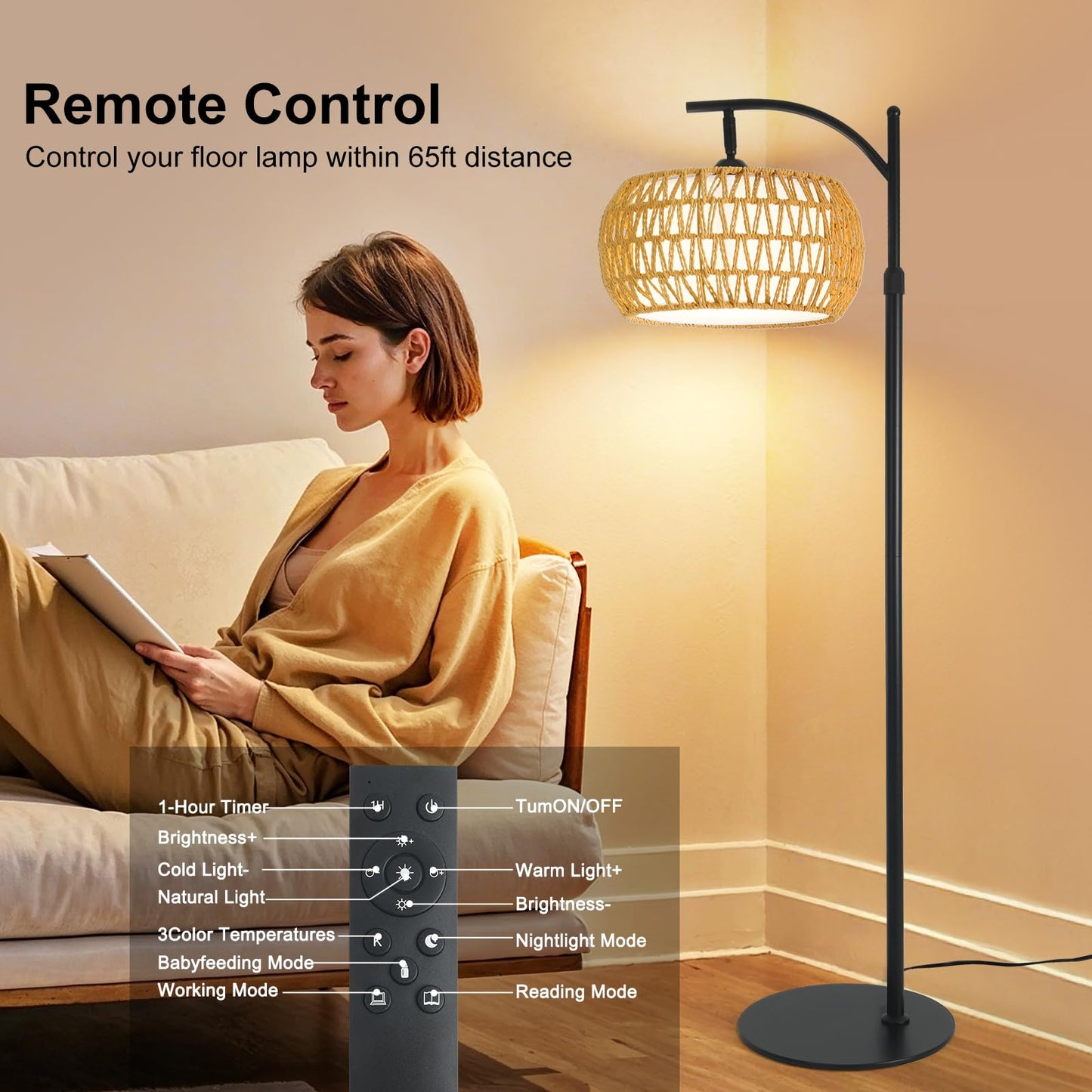 DRAWNCAT Boho Rattan Floor Lamp with Shade – 12W Bright Dimmable LED Bulb, Remote Control 3 Color Temperatures, Modern Farmhouse Handwoven Arc Standing Light for Living Room Bedroom