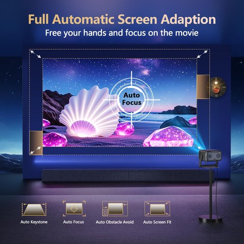 4K-Projector [1500 ANSI/ Official-NetfIix/360°Stand] Outdoor Projector with WiFi 6 and Bluetooth, Auto Focus, Auto Keystone Smart Proyector Native 1080P Support 36W DoIby Audio 500'' Display HDR 10+