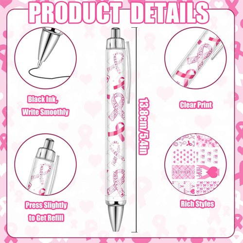 Demonwer 120 Pcs Breast Cancer Awareness Pens Bulk Pink Ribbon Black Ink Ballpoint Breast Cancer Awareness Party Favors for Women Nurse Public Events Gift Office Supplies
