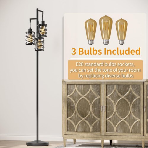 Oneach 70" Industrial Floor Lamp - Stepless Dimmable Standing Lamp with 3 Bulbs | Black Farmhouse Design for Living Room, Bedroom & Office