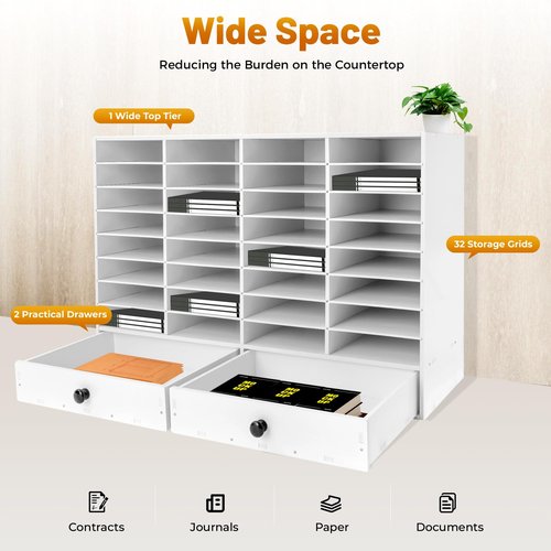PERFERATE 32 Slots Literature Organizer Office Mailbox with Adjustable Shelves and 2 Drawers PVC Literature Storage Desktop File Sorter Cabinet Office Mailbox Classroom Keeper (White)
