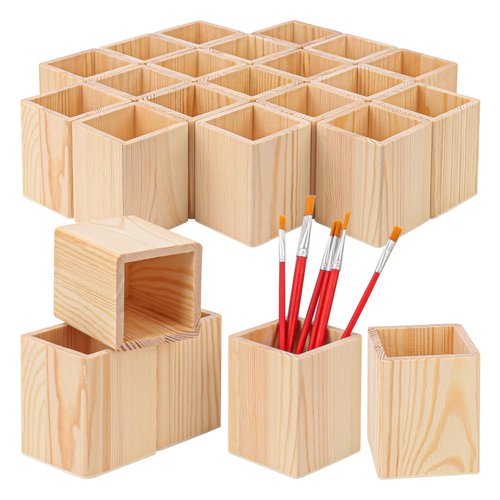 IHDYPPEW 24 Pack Square Unfinished Wooden Pencil Holder, 3 x 3 x 4 Inch Wood Pencil Cup Holder, Wood Crafts Pencil Cup for Desk, Office, DIY Project