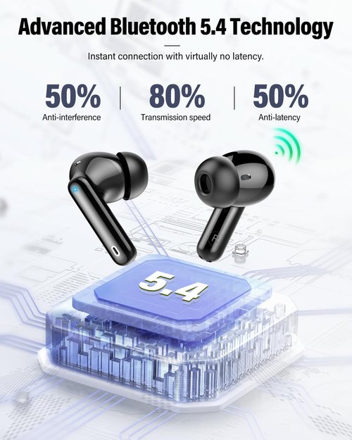 Wireless Earbuds, Bluetooth 5.4 Headphones Bass Stereo, Bluetooth Earbuds with Noise Cancelling Mic, IP7 Waterproof in Ear Earphones, 36H LED Display Ear Buds for Laptop Pad Phones Sports, Black