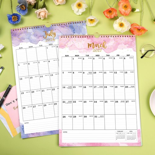 Colorful Waterink Wall Calendar 2026-2027 | 18-Month Twin-Wire Binding, 12" x 17" Size, Hanging Hook