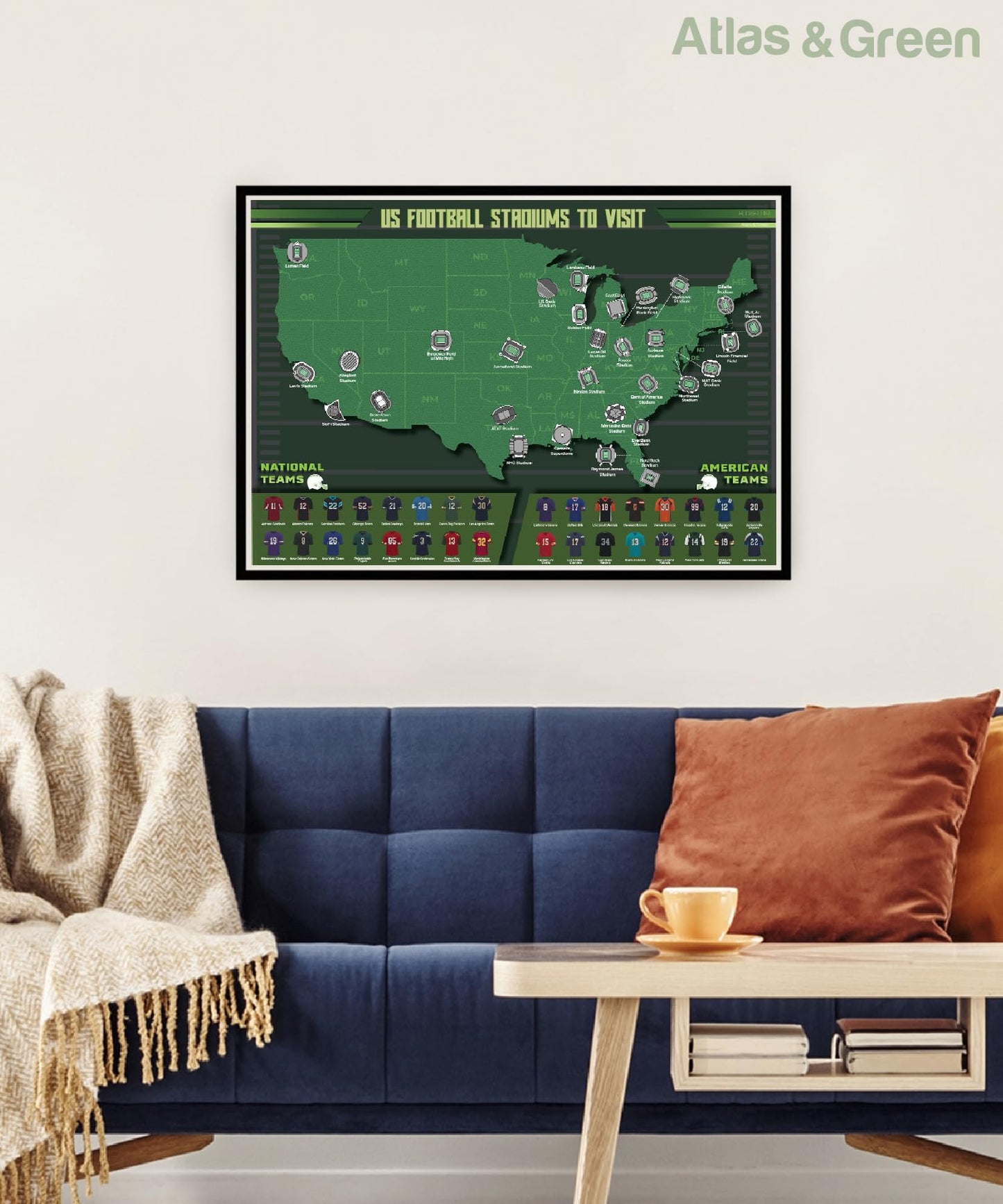 Atlas & Green US Football Stadiums of America Scratch Off Map. Pro Football Satdiums Scratch Off Poster. Large A2 Stadiums Wall art. A2 Sports Poster With Gift Tube