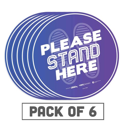 tabbies BeSafe Messaging"Please Stand Here" Purple, 6 Pack - 12" Round, Repositionable Vinyl UL 410 Certified Anti-Slip Floor Sign, Commercial, Restaurant Footprint Decals (6 Pack) (79024)