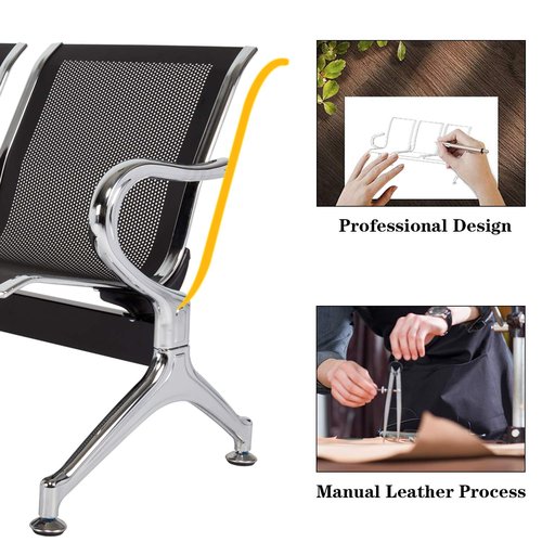 Kinsuite Airport Reception Bench - 2 Seat Guest Chairs with Arms for Office, Bank, Hospital - Black