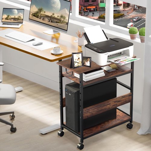 Computer Tower and Printer Stand, Height Adjustable Computer Tower Stand, 3-Tier PC Holder, PC Stands for Floor, Printer Stands with Wheel, Suit Tower Smaller Than 9" D x 19.7" W x 18.8" H
