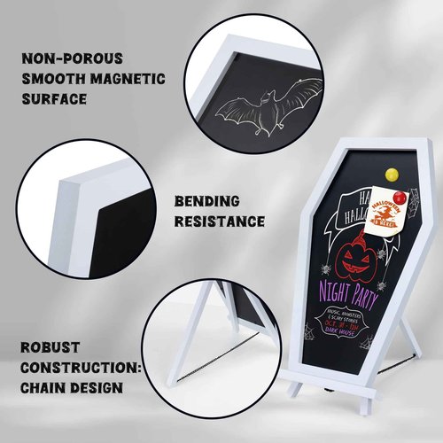 Coffin Chalkboard, Three Legged Stand-up Chalk Board for Desk, Magnetic Chalkboard Easel Sign Tabletop for Home, Office and School - Halloween Decorations Gothic Decor Spooky Gifts, 17''x10.5'', White