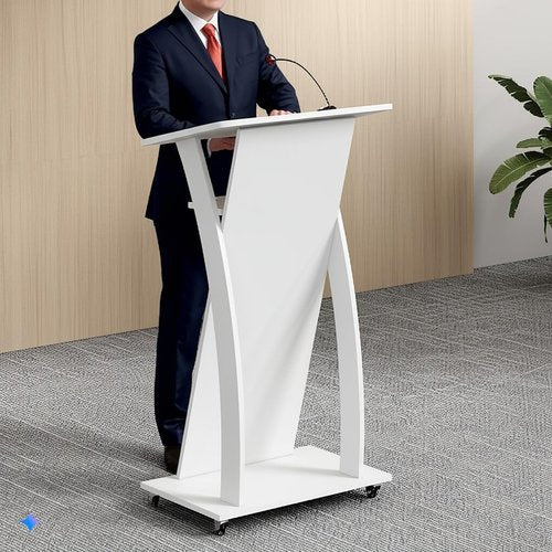 Xibolai Mobile Wooden Podium Stand with Wheels Lectern White 16MM Wood Board Elegant Design Wooden Churche Pulpit