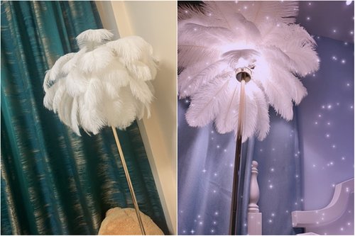 GIOAMH Natural Ostrich Feather Floor Lamp, 3-Way Color Temperature,Simple Modern Bedroom and Living Room Standing Lamp, Golden Lamp Body, G4-LED Bulb (White)