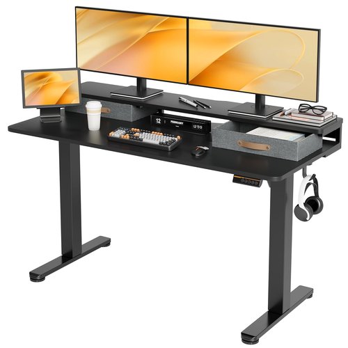 Seang Electric Standing Desk with 2 Drawers, Adjustable Standing Desk with Storage Shelf, Height Adjustable Stand up Desk for Home Office with 3 Presets & 2 Hooks,55 Inch, Black