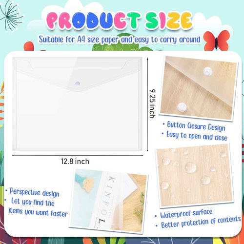 Zhehao 200 Pack Clear Envelopes A4 Plastic Folder with Snap Closure Button Bulk Letter Size Poly Document File Folder Pouch Organizer for Office Home, Transparent