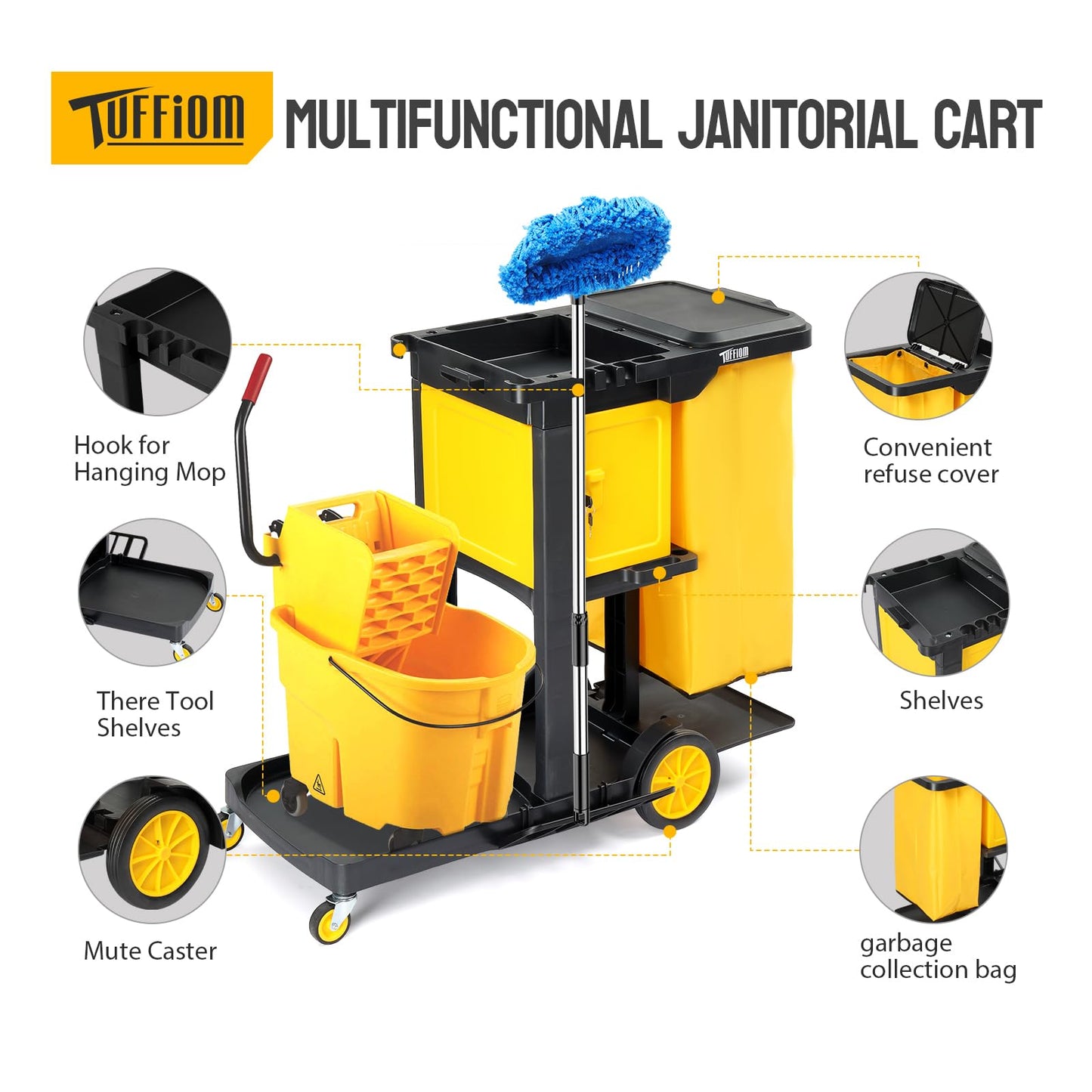 TUFFIOM Janitorial Cart with Key-Locking Cabinet, 3-Shelf Commercial Cleaning Cart, Housekeeping Caddy with Locker,Wheeled with Yellow Vinyl Bag, Black, Great for Hotel, Stores, Schools, and Business