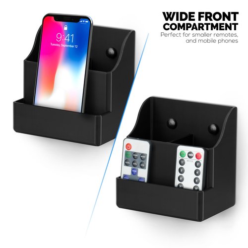 BRAINWAVZ Adhesive Remote Control Wall Mount Holder, Easy To Install, Holds upto 4 Remotes & Storage for Phones, Pens & More, Screw-In or Stick-On