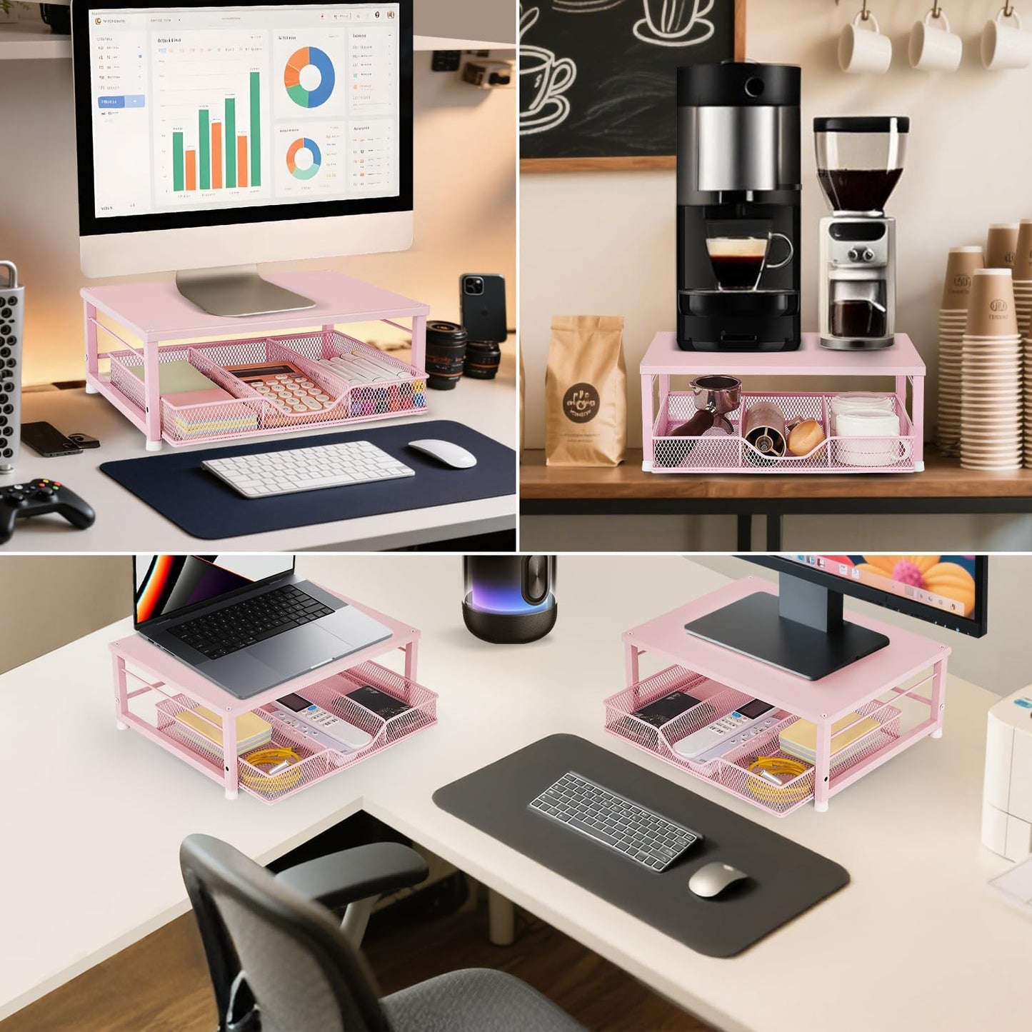 Skiennix Small Pink Laptop Stand - Stylish Monitor Stand with Drawer for Home & Office Desks
