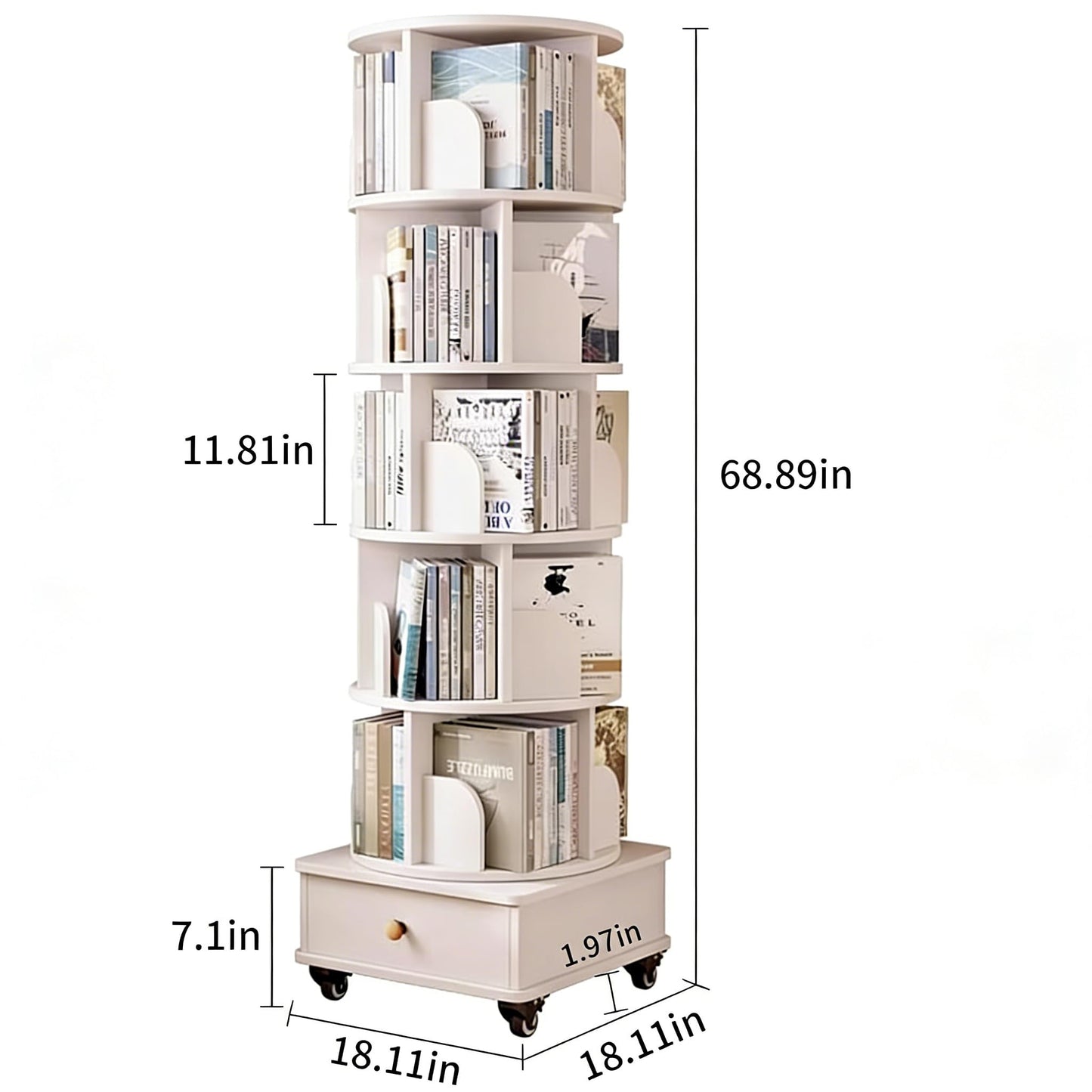 Ywin 6 Tier Solid Wood Rotating Bookshelf with Wheels, 360°Spinning Book Shelf Tower with Storage Cabinet,Round Revolving Bookcase Organizer, Rolling Bookshelves for Small Spaces, Corner, Bedroom