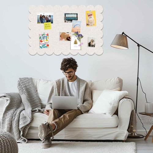 Beige Scalloped Felt Bulletin Board - 36 x 24 Inches Large Felt Board Foldable Cork Board Alternative Photo Board Self-Adhesive Vision Board Decorative Pin Board for Wall