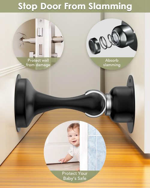 Door Stoppers, Magnetic Door Stop 4 Pack Adhesive Stick & Screws Stainless Steel, Door Stop Holder to Keep Door Open Wall & Floor Mount, Magnetic Door Catch Stoppers for Bottom of Door, Black