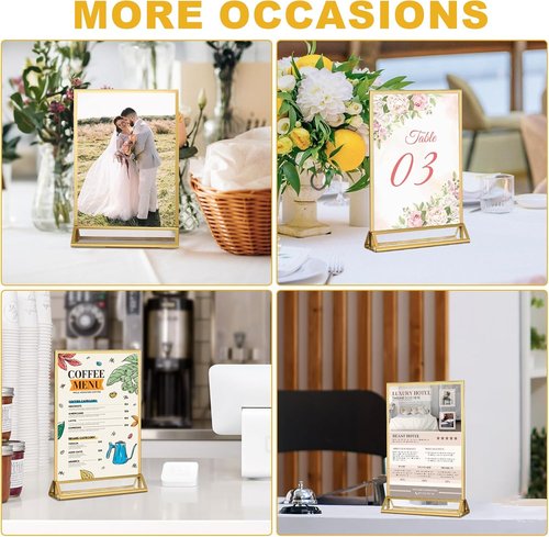 EHWINE Acrylic Sign Holder - 8 Pack Double-Sided 8.5 x 11 Gold Picture Frame Stands | Clear Display for Weddings & Events