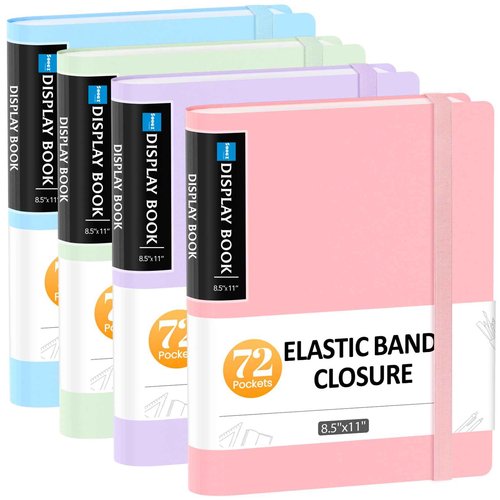 Sooez 4 Pack 72 Pocket Binder with Plastic Sleeves & Elastic Band, Large Capacity 8.5x11 Presentation Book Display 144 Pages, Art Portfolio Document Folder with Clear Sheet Protectors