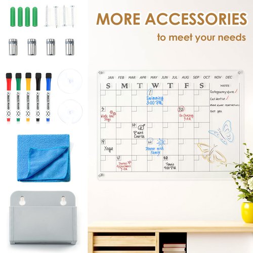 MAKELLO Acrylic Calendar for Wall, Clear Dry Erase Calendar for Office, School, Home, Bedroom, 4 Pens, Pen Holder, Wall-Mount Screws, 24x18 in
