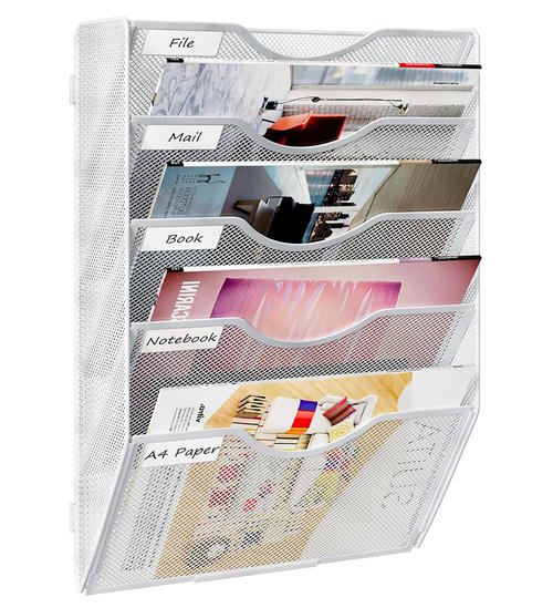 PAG Hanging Wall File Holder, 5 Tier Mail Sorter for Wall, Mesh Office Wall Organizer For Papers/Folders/Files Clipboard & Magazine, White