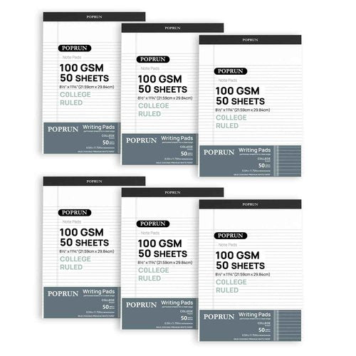 POPRUN White Legal Pads 8.5 x 11.75 College Ruled, 100GSM Writing Paper Pad, Bulk Lined Notepad Notebooks for Work School, Classroom Office Supplies, 6 Pack