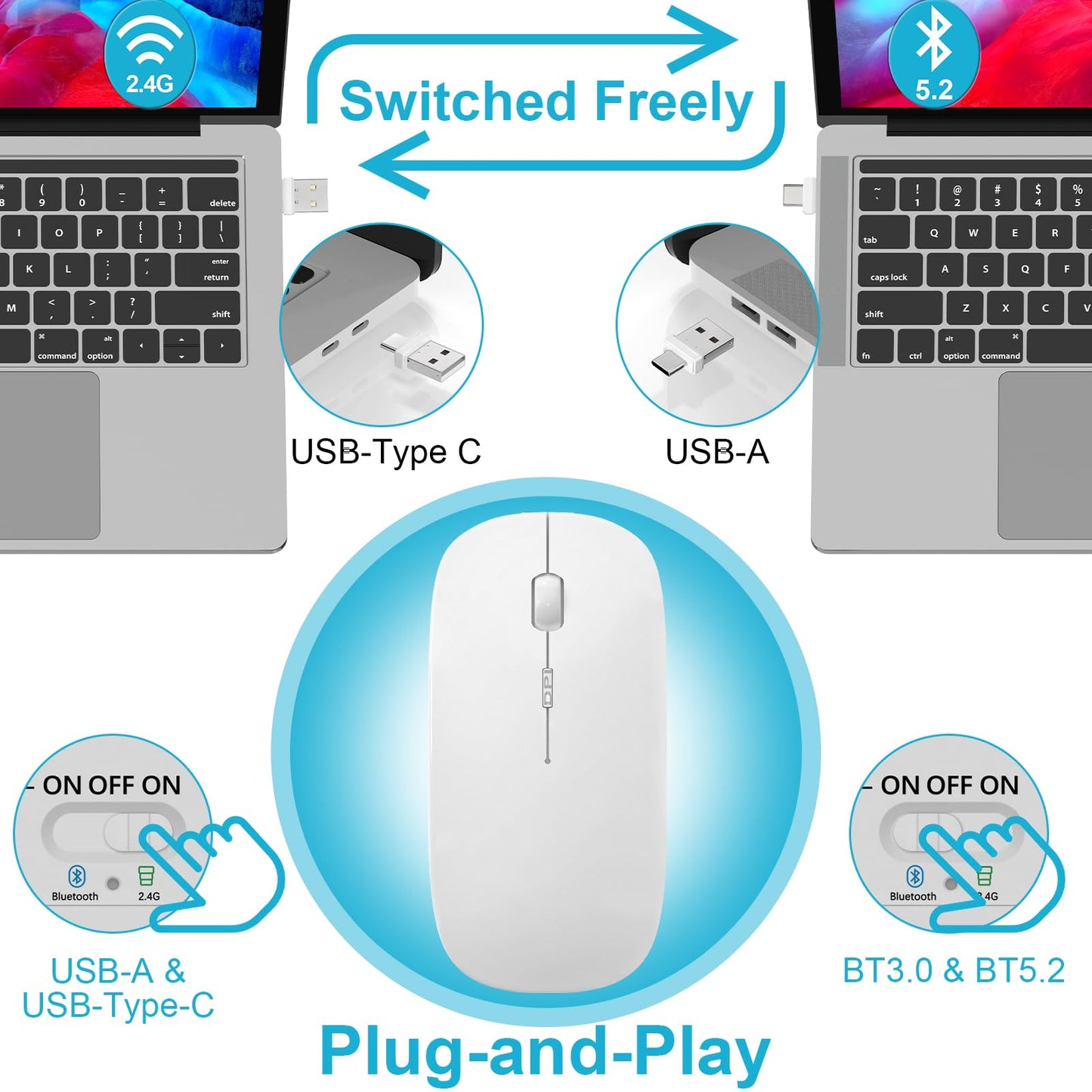 Normdecos Mouse for MacBook Wireless Bluetooth Mouse Laptop MacBook Air Mac Pro Rechargeable Silent PC iPad Optical Mice with Dual Mode Switch Bluetooth 5.2/3.0 and 2.4GHz USB Type-C Receiver Black
