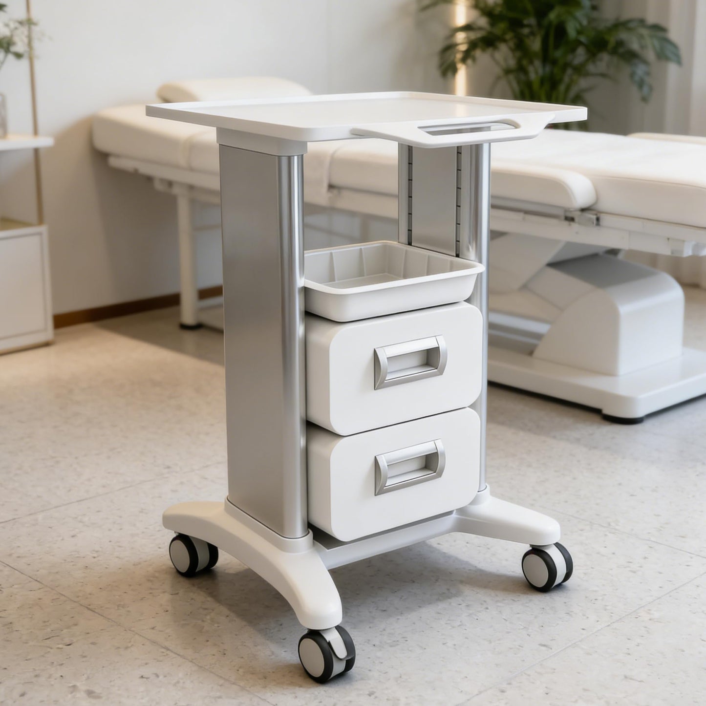 Medical Trolley Cart Mobile with Drawers, Hospital Ultrasound Cart with 4 Silent Swivel Wheels, Portable Medical Trolley Carts, 225 LBS Load, for Beauty, Salon, Clinic and Lab (Silver, Double Drawer)