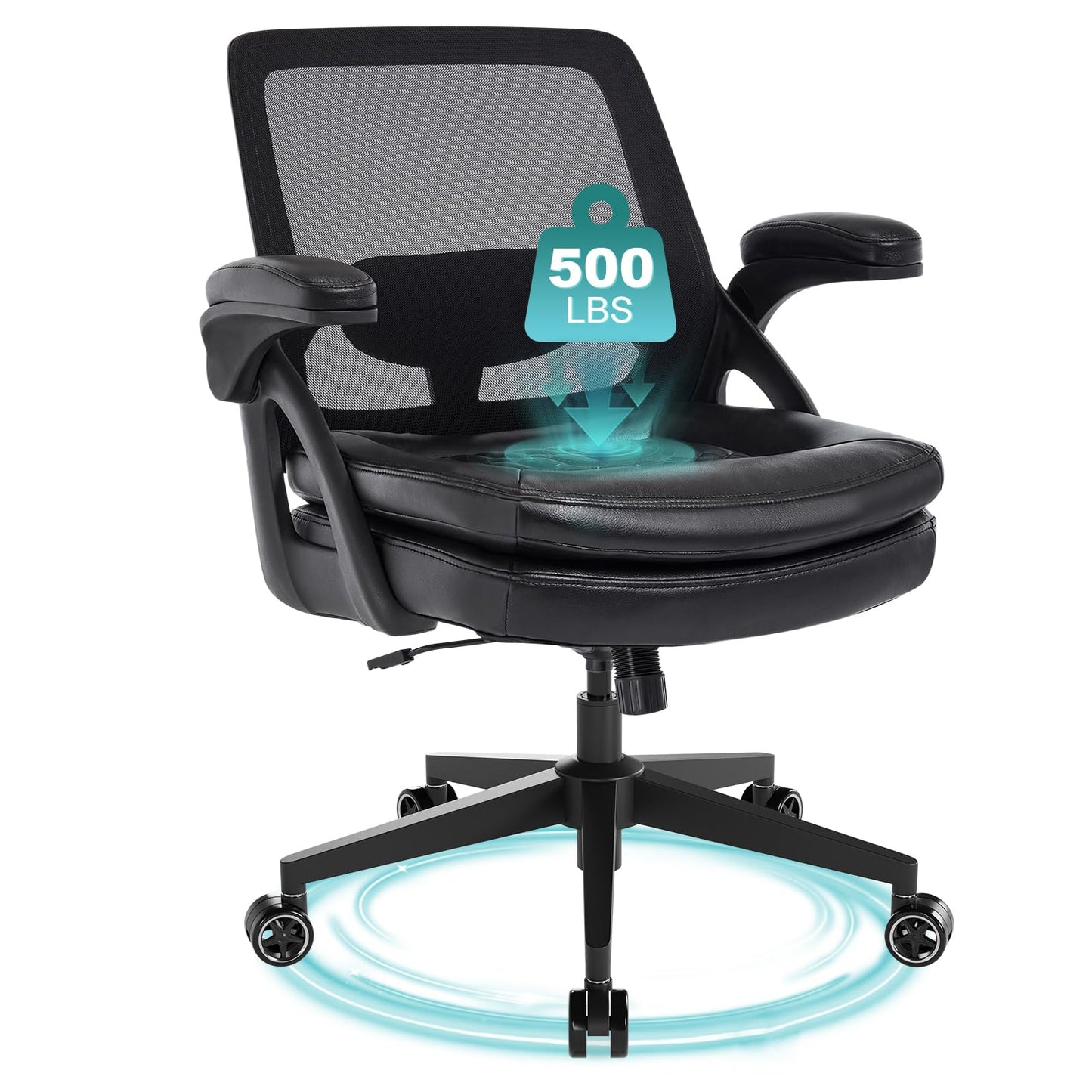 BERYTH Big and Tall Office Chair, 500lbs Mesh Heavy Duty Ergonomic Desk Chair with Flip-up Armrests, Plus Size Wide Seat in PU Leather, 360 Swivel Computer Executive Task Chair for Home Office (Black)