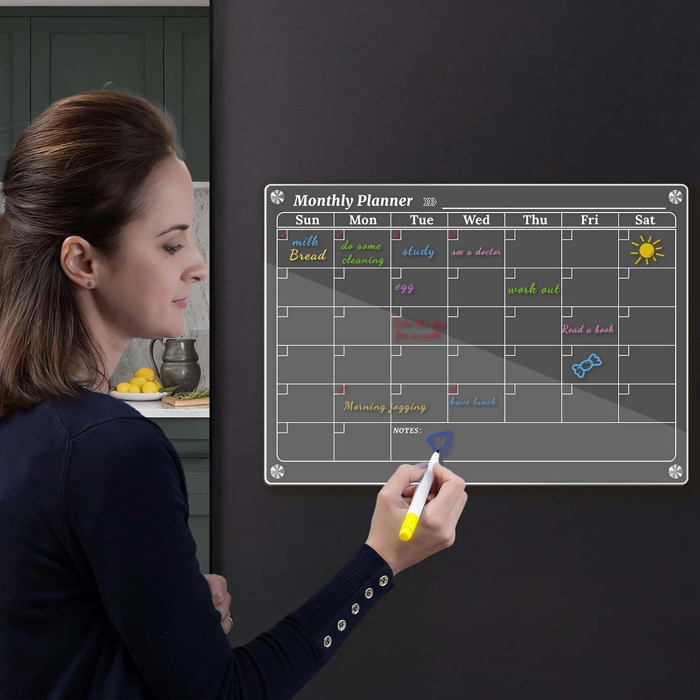 Skiennix Monthly Dry Erase Calendar - Clear Magnetic Planner with 8 Markers | 16.5"x11.7" Size