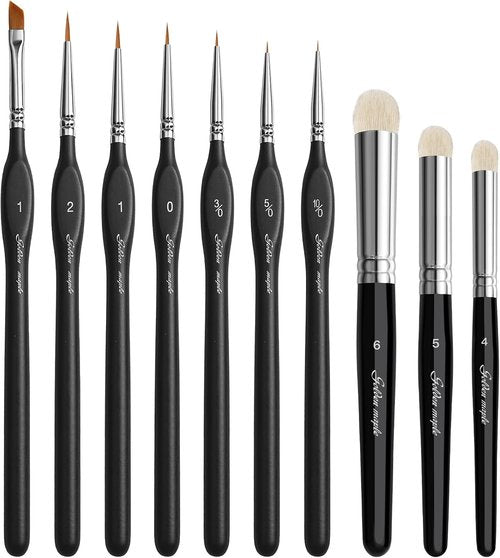 Golden Maple Miniature Paint Brushes - 10-Piece Micro Detail Brush Set for Acrylic & Watercolors