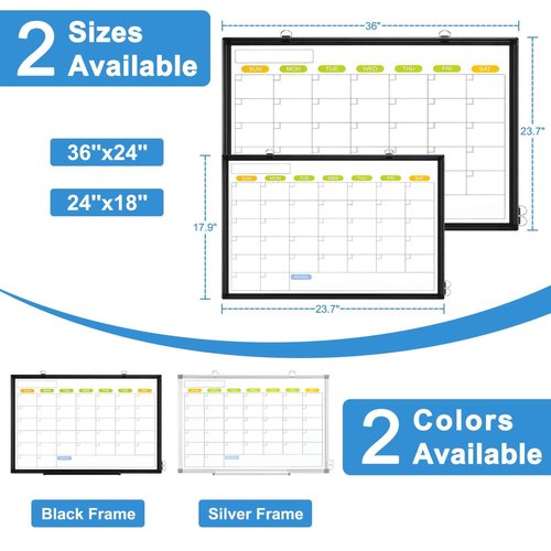 Dry Erase Calendar Whiteboard for Wall, WALGLASS 24" x 18" Magnetic White Board, Monthly Dry Erase Calendar with Black Aluminum Frame, Double-Sided Hanging Portable Board for Office, Home, School