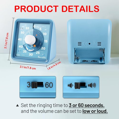 Secura 60-Minute Visual Countdown Timer for Kids & Classroom, Pomodoro Time Management Tool (Blue & Blue)