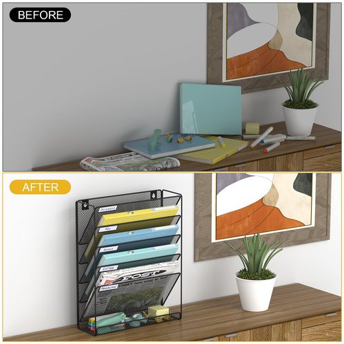 Hanging Folder Organizer Mesh 6 Tier, Wall File Organizer Hanging Paper Organizer, Wall Mount Mail Storage, Office Organization and Storage Rack for Home Office, Black